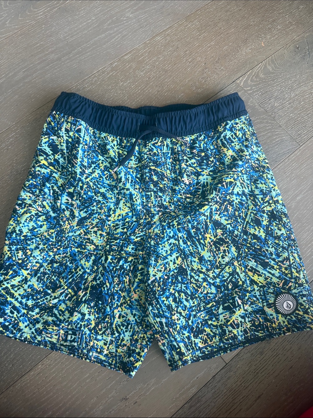 Volcom Boys Blue Teal Yellow Abstract Swim Trunks